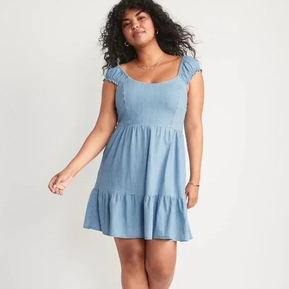 Old Navy Fit & Flare Puff-Sleeve Smocked Jean Mini Dress for Women New - Picture 1 of 5